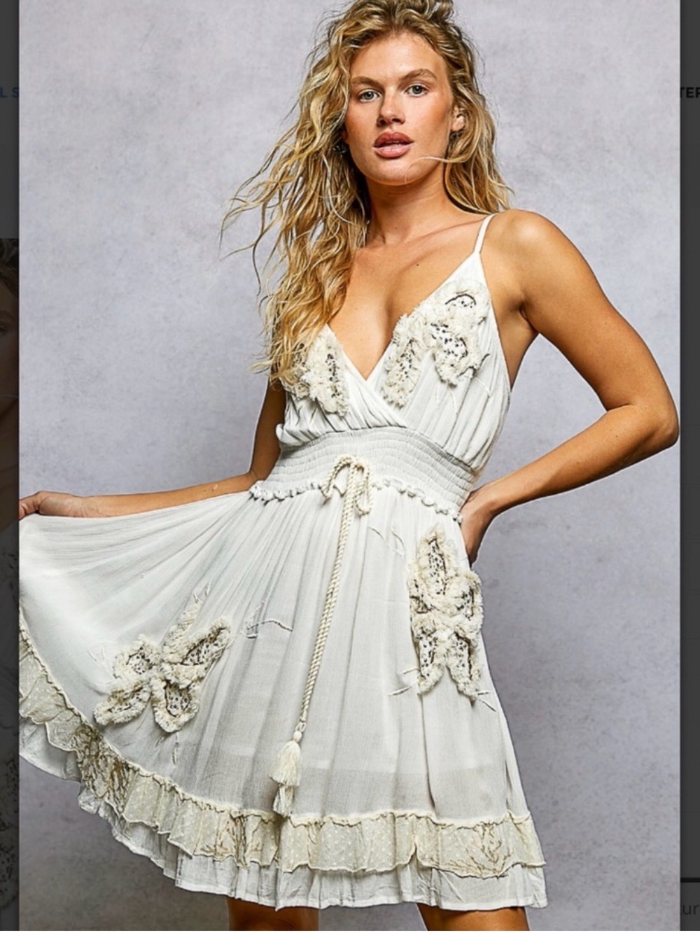 POL V-NECK EMBROIDERED CREAM MINI DRESS WITH TASSELS AND RHINESTONES!